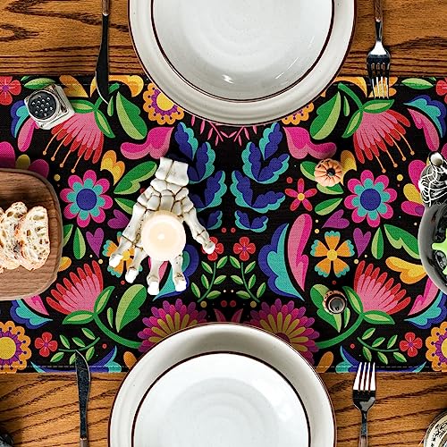 Mexican Dia De Los Muertos Floral Serape Table Runner - 13x72 Inch Black Variation