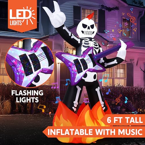 6ft Halloween Inflatable Skeleton with Guitar, LED Lights & Haunted Music Outdoor Decor