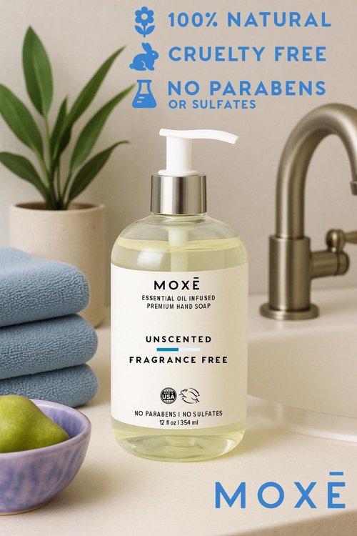 MOXE All Natural Hand Wash – Unscented Fragrance-Free– Gentle Formula, Organic & Plant-Based – For Kitchen & Bathroom – Biodegradable, Vegan, Cruelty-Free, No Sulfates or Parabens – 12 oz