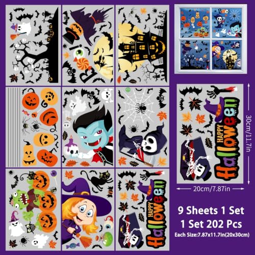 Halloween Window Clings - 9 Sheets Spooky Decorations for Home & Party - Witch Ghost Pumpkin