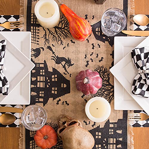 Halloween Primitive Burlap Table Runner - Spooky Haunted House Decor 14x113 - Black & Tan