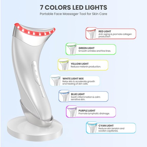 7 Color Light Face and Neck Massager Tool of Double Chin Reducer, Facial Massager with Adjustable Vibration and Thermals for Wrinkles Face Sculpting Tool with Base (White)