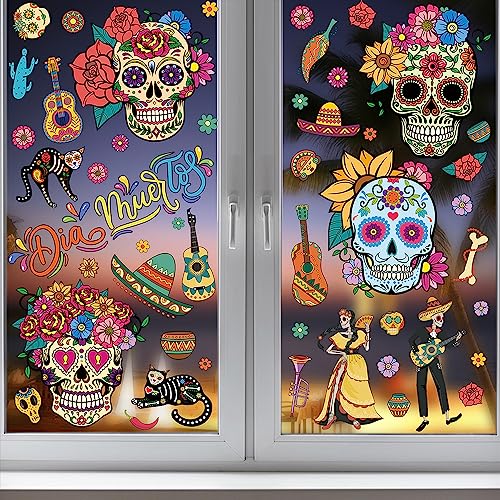 Day of the Dead Window Clings - Sugar Skull Halloween Decor - 9 Pcs