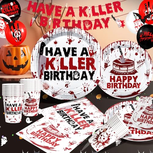 Halloween Horror Birthday Party Decorations Set with Banner Plates Balloons Cups Napkins & Tablecloth