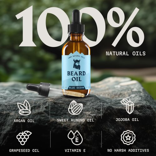 Striking Viking Beard Oil for Men - Naturally Derived Conditioner with Almond, Tea Tree, Argan & Jojoba Oil for Beard Growth, Softening & Moisturizing (2 Fl Oz (Pack of 1), Blue Ocean)