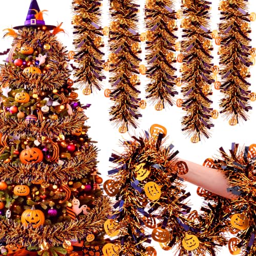 Halloween Tinsel Garland with Pumpkin - 100 Ft Orange Black Decor