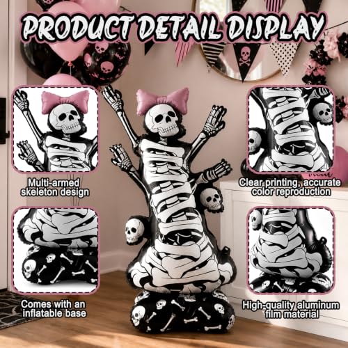 3.5FT Self-Standing Skeleton Balloon with Pink Bow Halloween Indoor Outdoor Decor - 1 PCS
