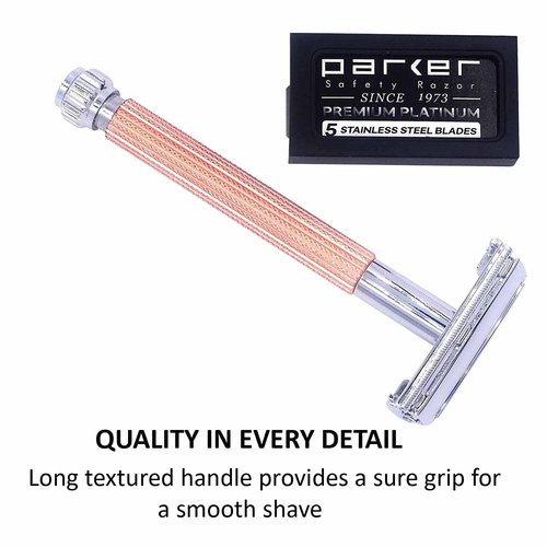 Parker 29L Rose Gold, Long Handle Butterfly Open Double Edge Safety Razor for Men & Women, 5 Parker Premium Platinum Double Edge Razor Blades Included