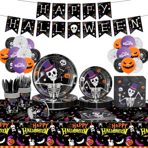 Halloween Skeleton Party Supplies Set - Plates Cups Napkins Cutlery Balloons Banner