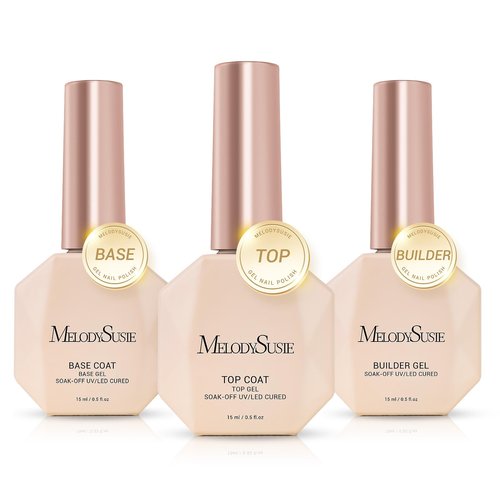 MelodySusie Top Coat Builder Gel Base Coat No Wipe Glossy Set Long Lasting Shine Finish Soak Off UV LED Nail Lamp Nail Polish Art Design Manicure Kit Perfect Gifts for Women Girls 3 Pcs 15ml Clear