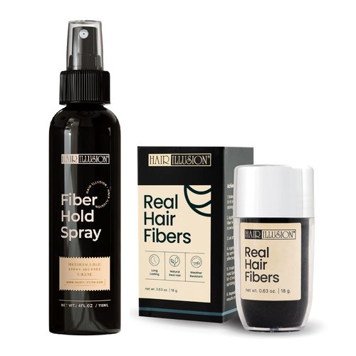 Hair Illusion | Black Real Fibers & Holding Spray for Thinning Hair - Natural Texture, 18g