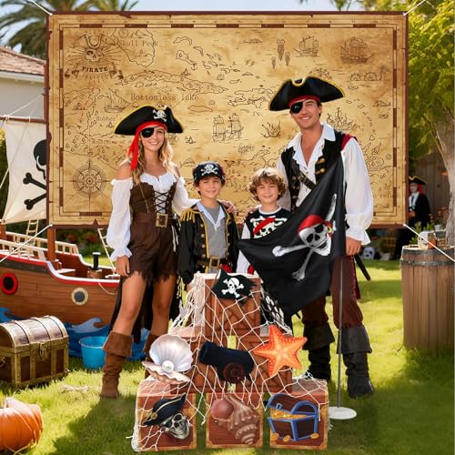 Pirate Party Decorations Set with Treasure Map Backdrop and Flags - Halloween Theme