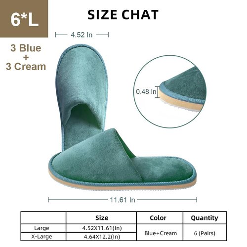 GONG GONG Non Slip Disposable Slippers, 6 Pairs, Washable, Reusable, Closed Toe, Crystal Velvet (Blue+Cream 6Pairs, Adult, Men, Large, Alpha, US Footwear Size System, Medium)