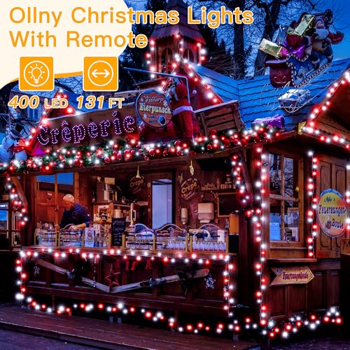 Ollny Red and White Christmas String Lights - 400 LEDs, 131ft with Remote & Timer