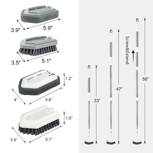 ITTAHO Shower Tile Tub Scrubber Brush with 4 Cleaning Heads,Floor Scrub Brush with 56''Long Handle, Shower Cleaner Brush & Grout Cleaner Brush Set for Shower,Tile, Tub, Bathroom,Kitchen,Walls,Sink