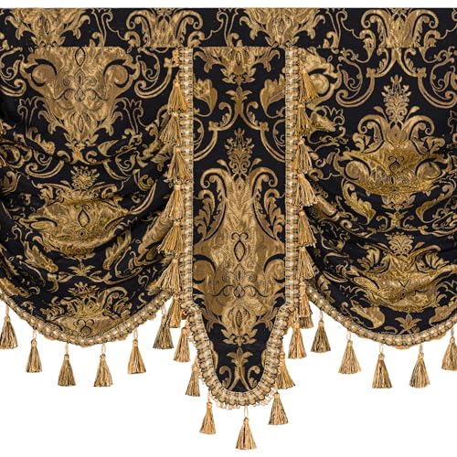 Black Gold Damask Waterfall Valance Curtains - 79W x 41L, Pack of 1