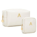 CLOUDWINGS Personalized Birthday Gifts for Women - Initial Makeup Bag Set Travel Toiletry Bag Cosmetic Bags Soft Waterproof PU Leather Makeup Pouch Travel Essentials (Beige,A)