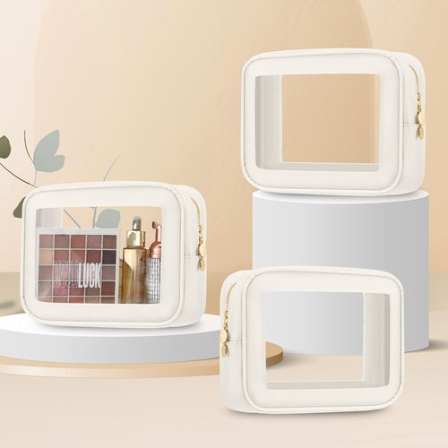 Abbylike 3 Pcs Clear Makeup Bags Car Cosmetic Bag with Zipper Nylon PVC Travel Toiletry Pouches Gifts for Women, Bridesmaid, Mom, Wedding Birthday Party Supplies(Cream White)