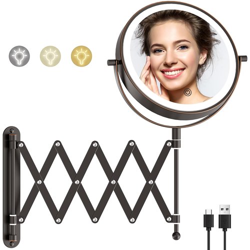 Rechargeable Wall Mounted Makeup Mirror with Light, 8 Inch 1X/10X Magnifying Mirror, 3 Light Settings & Dimmable, 360° Swivel Extendable Bathroom Vanity Mirror, Anti-Rust, Telescoping, Antique Bronze
