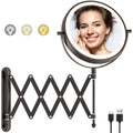 Rechargeable Wall Mounted Makeup Mirror with Light, 8 Inch 1X/10X Magnifying Mirror, 3 Light Settings & Dimmable, 360° Swivel Extendable Bathroom Vanity Mirror, Anti-Rust, Telescoping, Antique Bronze