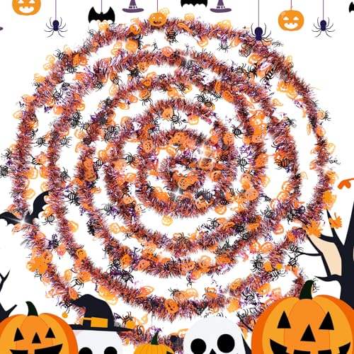 Halloween Tinsel Garland Decorations - Orange, Purple, Black with Pumpkins & Bats - 33 FT - Indoor Outdoor Festive Decor