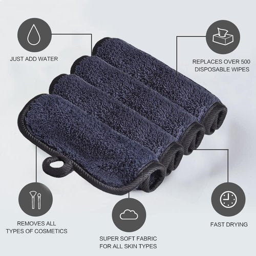 Skiennix Makeup Remover Cloths - Reusable Microfiber Cleansing Pads for Face & Eyes | 5x5 Inch, 6 Pack (Black)