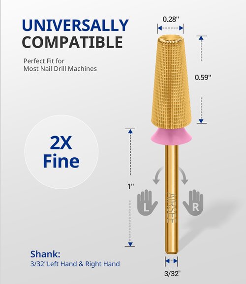 AIRSEE Tungsten Carbide 5 in 1 Acrylic Nail Drill Bit Efile Electric File Machine Head Tip for Manicure Polishing Fast Remove Gel 3/32" Shank 2 Way Professional Tech Use Gold TiN 2X Fine-2XF+3XF+4XF