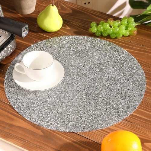 Blulu 8-Piece Silver Rhinestone Round Placemat 15 Inch Glitter Sparkle Table Decor