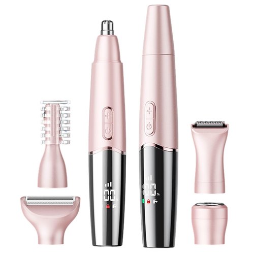 RFSCDI 5-in-1 Rechargeable Nose & Facial Hair Trimmer - IPX7 Waterproof Dual Edge Grooming Kit for Men & Women, Perfect for Hair Removal of Nose, Eyebrows, Arm, Bikini, and Ear Hair (Pink)