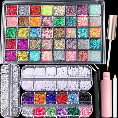 Face Glitter Rhinestones Kit with 40 Colors, Pearls & Glue for Face & Nails