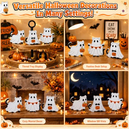 Halloween Cat Ghost Decor Set - Wooden Figurines for Tiered Tray & Tabletop - Pumpkin Variation