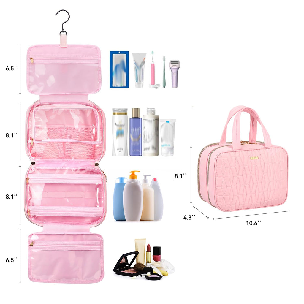 Voova Hanging Travel Toiletry Bag for Women Men, Waterproof Makeup Cosmetic Organizer Holder for Toiletries Accessories, Traveling Essentials,Shampoo,Full-Sized Container, Brushes Kit Set, Pink