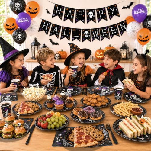 Halloween Skeleton Party Supplies Set - Plates Cups Napkins Cutlery Balloons Banner