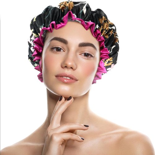 4 Pcs Reusable Waterproof Shower Hat with PEVA Lining Double Layers Elastic Satin Large Shower Caps Washable Shower Hats for Girls Women Long Hair All Hair Lengths