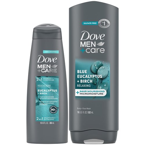 Dove Men+ Care Shower Essentials – Relaxing Body + Face Wash, Blue Eucalpytus + Birch & Revitalizing 2-in-1 Shampoo, Eucalyptus + Birch