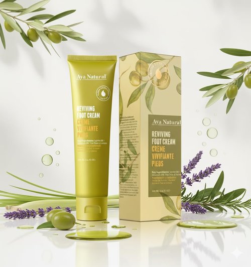 Natural Foot Cream - Moisturizing Olive, Jojoba & Avocado Oils - Fast-Absorbing, Non-Greasy Formula with Tea Tree & Lemon - 100ml / 3.4 fl oz