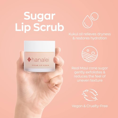 Hanalei Vegan Sugar Lip Scrub - Exfoliating Hawaiian Cane Sugar & Kukui Oil for Smooth, Hydrated Lips | Natural & Cruelty-Free (22g)