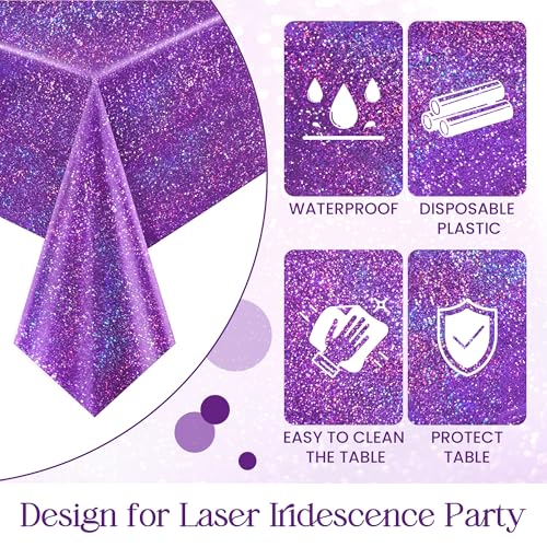 Purple Holographic Tablecloth 40x108 Inch - Shimmering Disposable Plastic Cover for Parties
