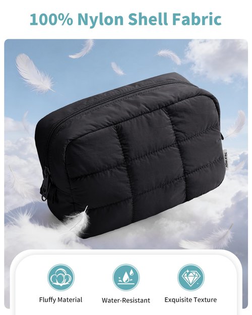 Narwey Quilted Makeup Bag for Women Girl, Puffer Travel Cosmetic Bag Puffy Make Up Bag Organizer, Cute Travel Toiletry Bag for Toiletries (Black)