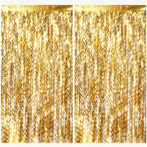 Gold Fringe Curtain Backdrop 2 Pack - Sparkling Tinsel Party Decorations