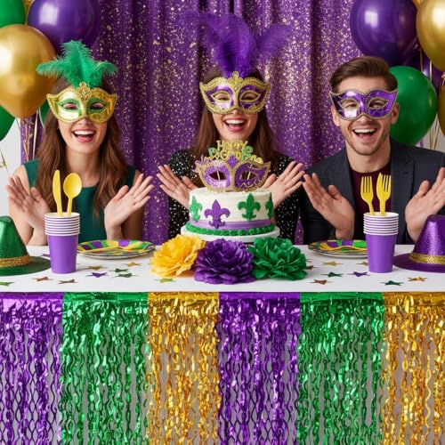 Metallic Tinsel Foil Fringe Table Skirts - 2 Pack, Purple Green Gold, Wavy Party Decor