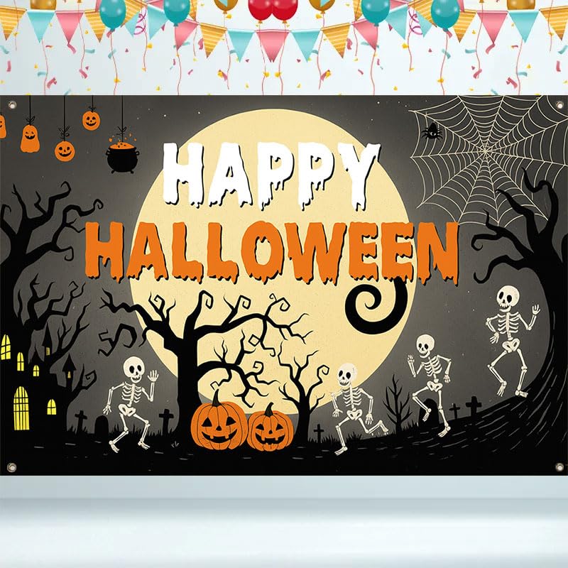Halloween Banner 71x43 Inch Fabric Backdrop with Skeletons Pumpkins Haunted House MulticolorB76