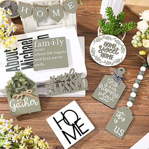 Two Tiered Tray with 11 Wooden Signs Decor - Stylish Style Variation