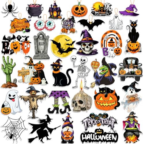 Halloween Wooden Tree Ornaments Set - 36 Spooky Holiday Decorations