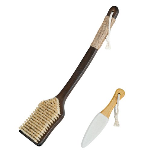 Shower Back Scrubber with Curved Long Handle Medium-Hard Natural Boar Bristles Back Scrubber for Shower for Men and Women Body Brush Exfoliator Set with Foot File(2 Pack)