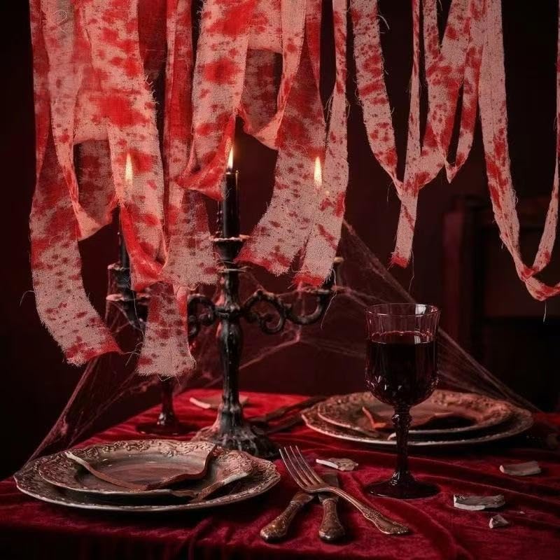 Blood Gauze Bandage Decor Set - Haunted House Halloween Prop, 3 Rolls 32ft
