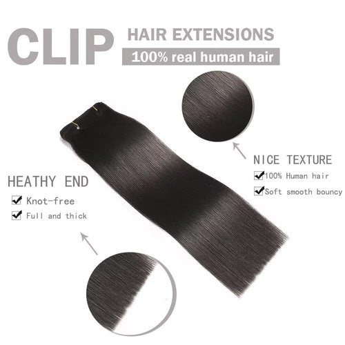 Real Human Hair Clip in Hair Extensions ailiceehr 16inch Clips in Human Hair Extension Striaght 8Pcs Double Weft Thick and Soft Natural Black 90g.