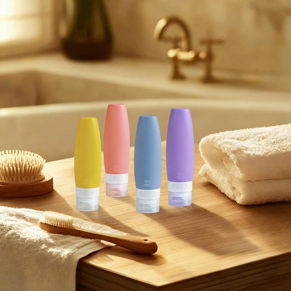 WINDAWNKE 4 PCS Silicone Travel Bottles, 3oz Refillable Toiletries Containers Set, Small Empty Travel Size Bottles for Shampoo, Lotion, Shower Gel (Bright)