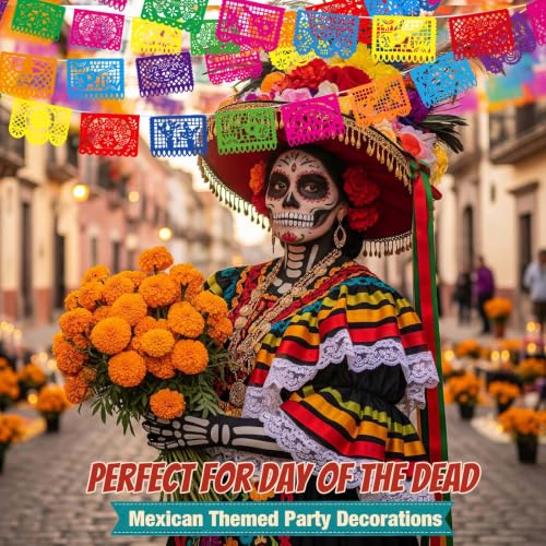 Mexican Party Decorations Banner Set - 32 Papel Picado Fiesta Banners - 480 Feet, Bright Colors, Reusable