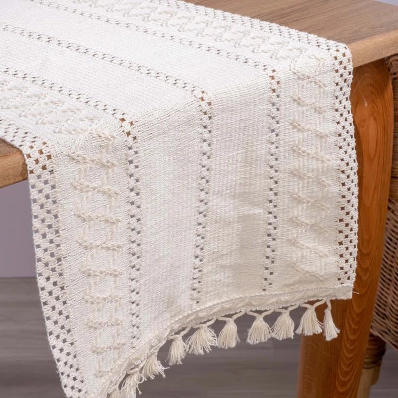 Cream Macrame Style Cotton Table Runner - Rustic 60 Inch Dining Decor - Handmade Farmhouse Look